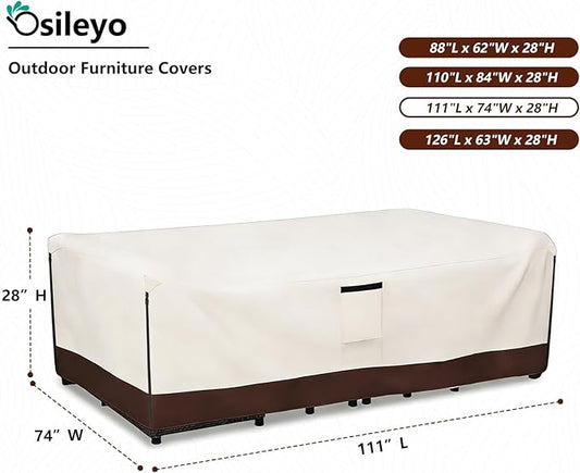 Patio Furniture Covers Waterproof,600D Heavy Duty Patio Cover for 6/7/8 PCS Sets Sectional Sofa Couch Dining Rocking Swivel Chairs Ottomans Coffee Table,111L x 74W x 28H inch Beige & Brown