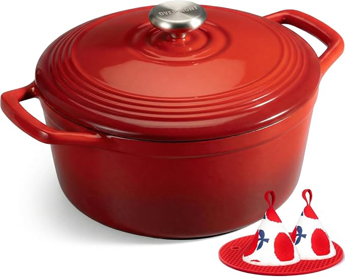 Overmont Enameled Cast Iron Dutch Oven - 5.5QT Pot with Wide Handles Lid Cookbook & Cotton Potholders - Heavy-Duty Pre-Seasoned Cookware Oven Safe to 500°F for Braising, Stews, Roasting, Sourdough Baking