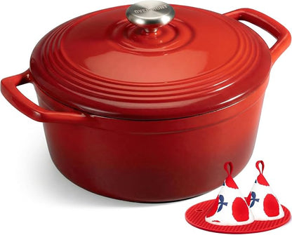 Overmont Enameled Cast Iron Dutch Oven - 5.5QT Pot with Wide Handles Lid Cookbook & Cotton Potholders - Heavy-Duty Pre-Seasoned Cookware Oven Safe to 500°F for Braising, Stews, Roasting, Sourdough Baking