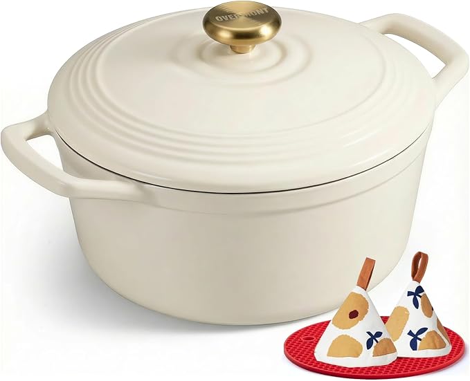 Overmont Enameled Cast Iron Dutch Oven - 5.5QT Pot with Lid Cookbook & Cotton Potholders - Heavy-Duty Cookware for Braising, Stews, Roasting, Sourdough Baking White
