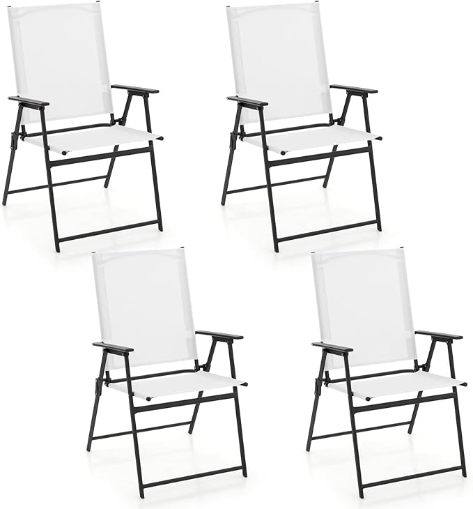 Giantex Patio Folding Chairs Set of 4, Outdoor Lawn Chairs with Rustproof Metal Frame, Portable Dining Chairs for Porch, Deck, Garden, Backyard, Camping, White