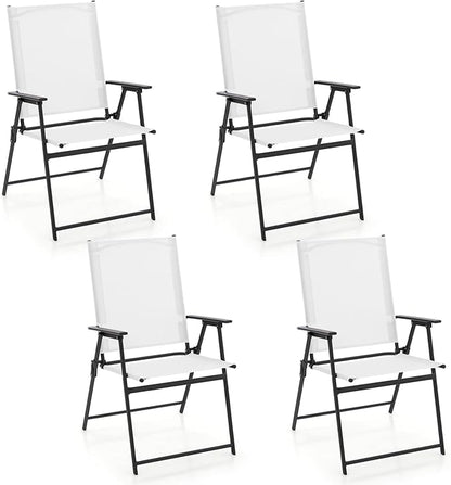 Giantex Patio Folding Chairs Set of 4, Outdoor Lawn Chairs with Rustproof Metal Frame, Portable Dining Chairs for Porch, Deck, Garden, Backyard, Camping, White