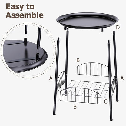 Small Outdoor Side Table, 2-Tier Round Metal Patio Table, Accent Table Waterproof, Weather Resistant End Table for Yard Porch Pool Balcony Garden Bedside (Black)