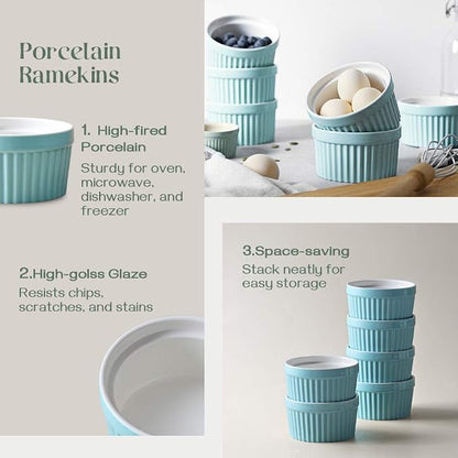 DOWAN 8 oz Ramekins for Creme Brulee, Porcelain Ramekin Oven Safe, Classic Style Ramekins for Baking Souffle Dishes Small Bowls, Set of 6, Blue