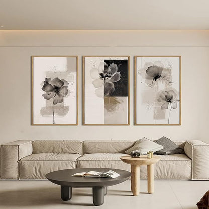 IARTTOP Large Framed Neutral Abstract Wall Art 24x36 Inch Oversized Modern Beige Gray Floral Canvas Wall Decor Minimalist White Flower Art Prints for Living room Bedroom Set of 3