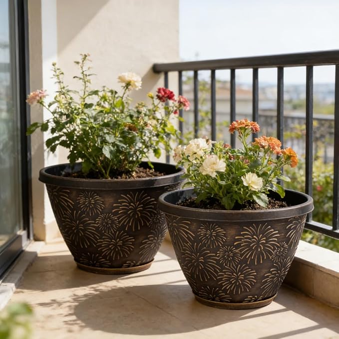 Nooulap 6 Pack 8 inch Plant Pots, Retro Firework Embossed Flower Pots with Drainage Holes and Saucer, Durable Plastic Plant Pots for Indoor Outdoor Gardening and Home Decoration
