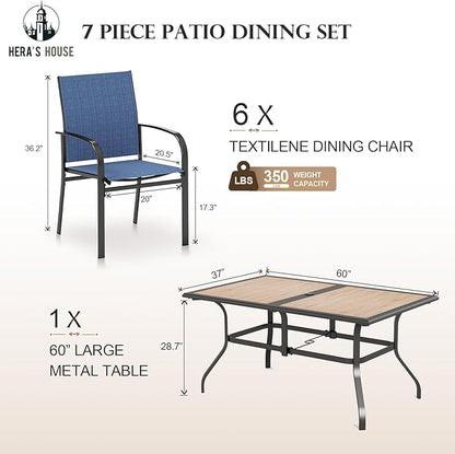HERA'S HOUSE Patio Table and Chairs Set, 60" Rectangular Outdoor PVC Table with Umbrella Hole, 7 Pieces Outdoor Dining Furniture Sets with 6 Patio Chairs for Backyard Lawn Garden Porch(Blue)
