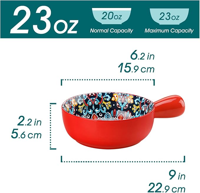 vancasso Boho 23 Oz French Onion Soup Bowls with Handles, Ceramic, Set of 4 | Bohemian ceramic soup crocks with handles,Microwave & dishwasher safe,6.2 inch, 23 oz, For cereal, pasta, stew & chili