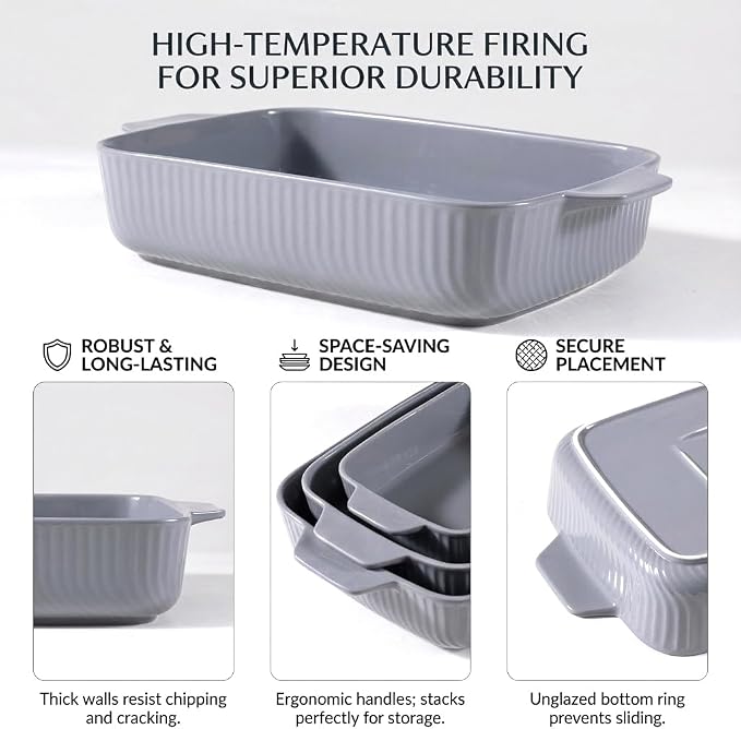Yachi Ceramic Casserole Dishes for Oven Set of 3 Pcs Rectangular Bakeware Set with Handle for Steak Beef Baking Pan Roast Chicken spaghetti Lasagna Pan vegetables Microwave Oven and Dishwasher Safe Gray (14.8''/12.7''/9.8'')
