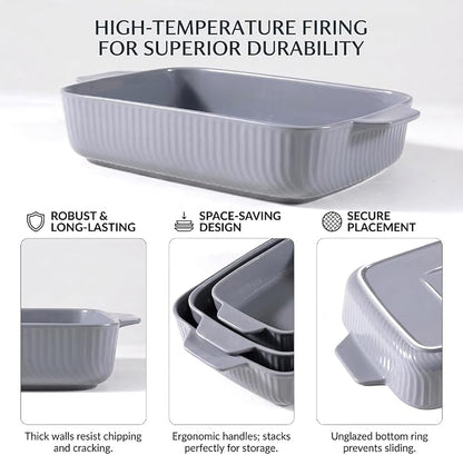 Yachi Ceramic Casserole Dishes for Oven Set of 3 Pcs Rectangular Bakeware Set with Handle for Steak Beef Baking Pan Roast Chicken spaghetti Lasagna Pan vegetables Microwave Oven and Dishwasher Safe Gray (14.8''/12.7''/9.8'')