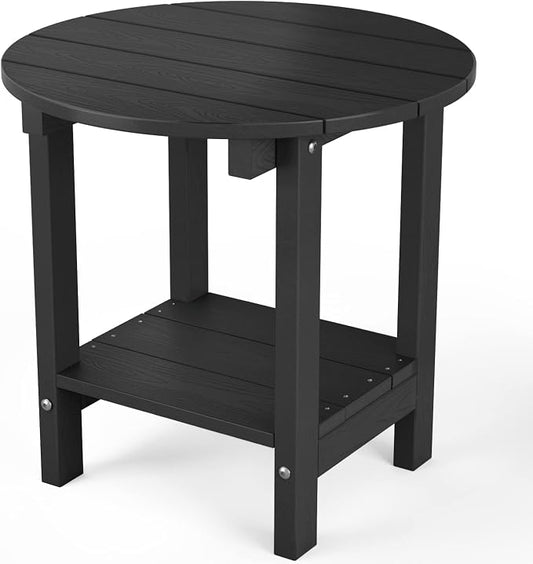MXIMU Round Outdoor Side Table Adirondack Tables 18 Inch Chairside End Tables with Storage Shelf, 2-Tier Plastic Patio Side Table for Balcony Backyard Lawn (Black, 1 Pack)