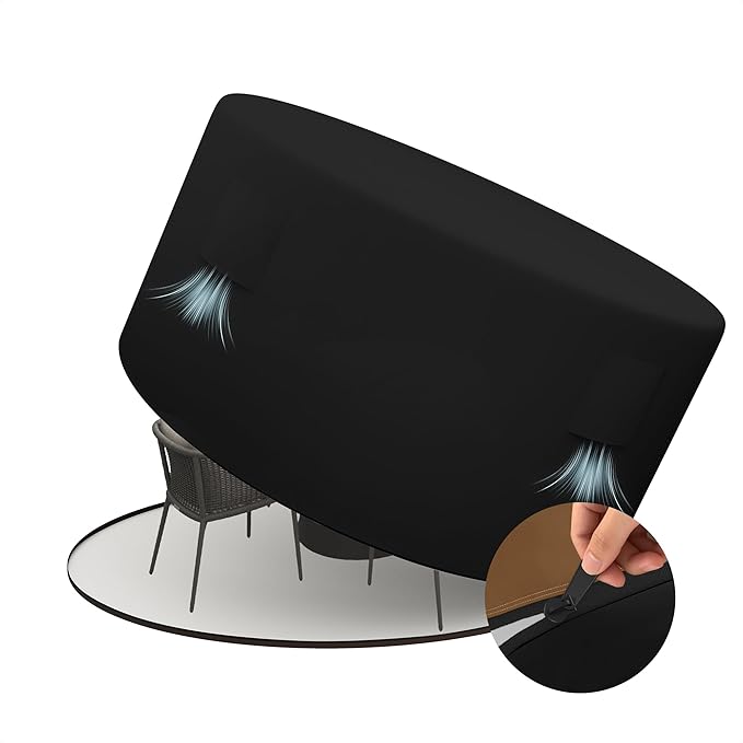 HDCAXKJ Round Patio Table Cover Waterproof Outdoor Dining Table and Chair Set Cover Heavy Duty Round Protector with Zipper Anti-Fading Cover for Outdoor Furniture (Black, 48"DIA x 39"H)