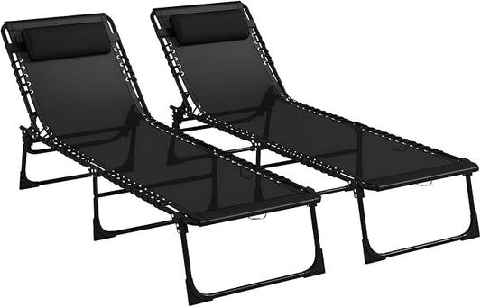Outsunny Folding Chaise Lounge Chair Outdoor Set of 2 Mesh Seat Black | Foldable, Sun Tanning Chair, Chaise Lounger, 4-Position Reclining Back, for Outside Patio Beach Poolside Backyard