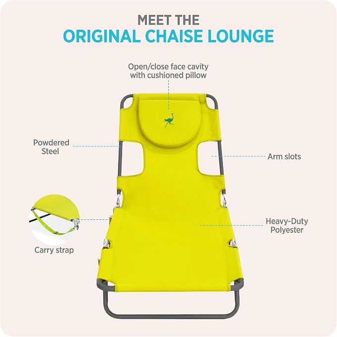 Ostrich the Original Chaise 72 x 22 Inch Lounge Portable Reclining Lounger, Outdoor Patio, Beach, Lawn, Camping, or Pool Tanning Chair, Lime Green