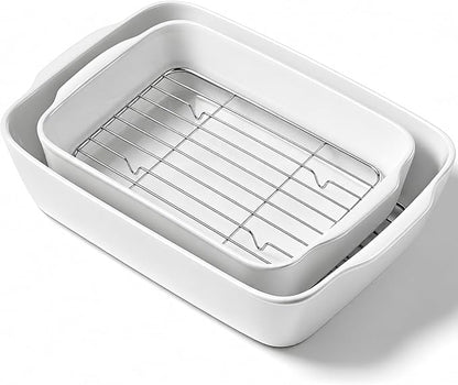 HOMBENE Ceramic Baking Dish Set for 2, Casserole Dish,Ceramic Baking Pan, Bakeware for Baking, Kitchen Decor, Microwave Oven Safe (3.3QT/4.2QT)