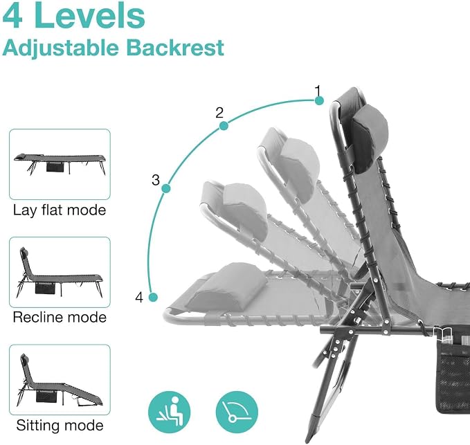 Tanning Chairs for Outside, Chaise Outdoor Lounge Chair, Folding Pool Chairs & Patio Lounger for Beach Camping Hiking Backyard Sunbathing Poolside, Portable (Gray Set of 2)
