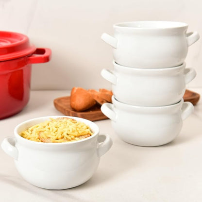 Vumdua Soup Bowls with Handles, 16 Oz Ceramic French Onion Soup Bowls - Stackable Soup Crocks Oven Safe for Cereal, Chilli, Pot Pies, Dishwasher Microwave Safe, Set of 6, White
