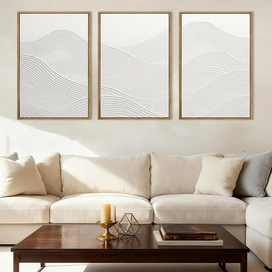 Anyzal Large White Textured Framed Wall Art 16x24 Inch Neutral Abstract Modern Canvas Wall Decor Gray Minimalist Ocean Waves Artwork for Living Room Bedroom Office Set of 3