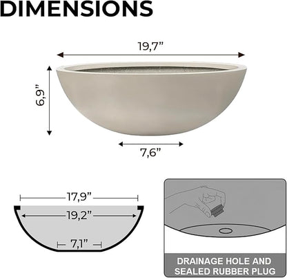 6.9" H x 19.7" D Round Bowl Fiberstone Planter for Succulent and Lotus with Drainage Hole, Smooth Finishes, Weather Resistant, Included 2 Extra Coco Mats (Taupe, 17.9" Pot Opening)