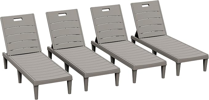 Greesum Outdoor Chaise Lounge Chairs Set of 4 with 5-Position Adjustable Backrest, Waterproof PP Sun Chaise Loungers for Garden Pool Beach Patio Deck Sunbathing, Light Coffee