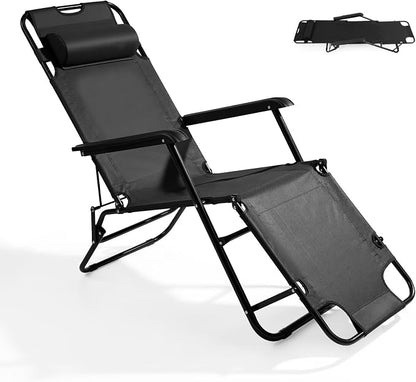 Outvita Folding Chaise Lounge Chair, Outdoor Adjustable Recliner Chair with Pillow for Camping, Beach, Poolside, Garden, Backyard, Lawn