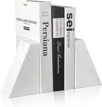 Karibiber Marble Bookends for Heavy Books, Decorative Book Ends for Shelves, White Stone Durable and Heavy-Duty Book Ends for Hardback Books & CDS, Unique Book Stopper & Holder, Set of 2