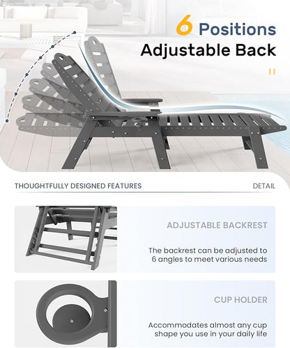 Ciokea Chaise Lounge for Outdoor, Patio Lounge Chairs for Outside, Chaise Lounge Chair with 6 Positions, HDPE Lounge Chair with Cup Holder for Pool Poolside Deck Backyard Lawn, Grey