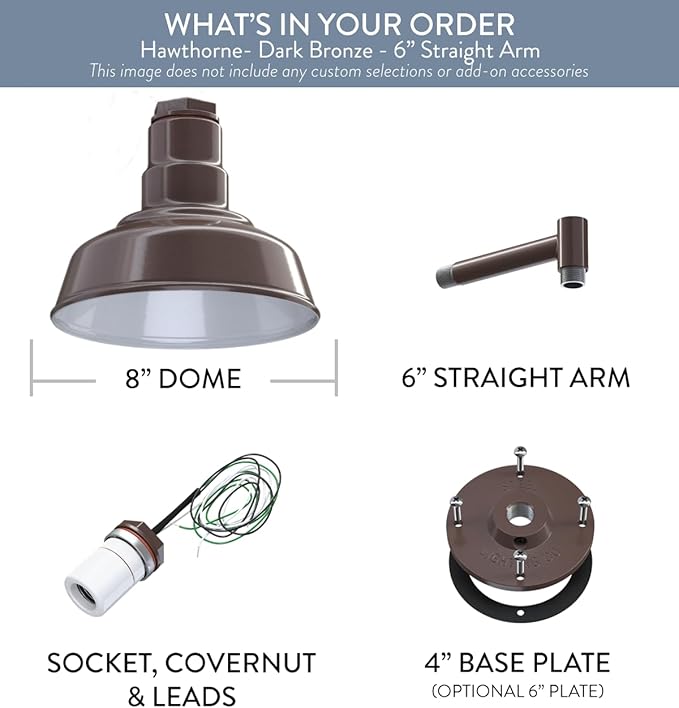 Steel Lighting Co. | Dusk to Dawn | Hawthorne Barn Light | Outdoor Wall Mounted | 8 in Dome | 6 in Straight Arm| Small Farmhouse Light Made in America | Dark Bronze Exterior/White Interior