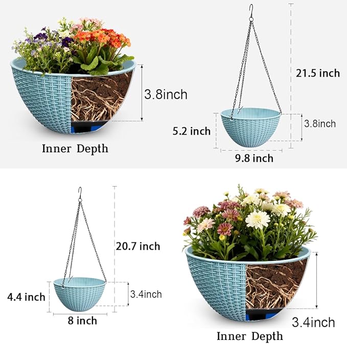 Hanging Planters for Outdoor Plants 8/10 Inch, 4 Packs Plant Hanger Indoor with Drainage Holes, Hanging Basket Flower Pot Perfect for Home, Office and Garden (Sky Blue)