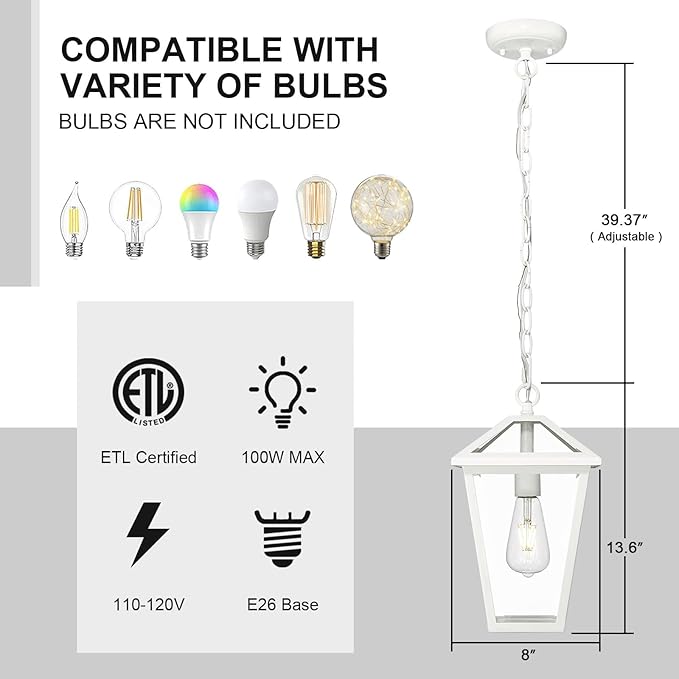 Outdoor Pendant Light Fixture, Exterior Hanging Pendant Lights for Porch, Outside Chandelier Ceiling Mount Aluminum with Clear Glass for Entryway Doorway Gazebo Patio Foyer, White