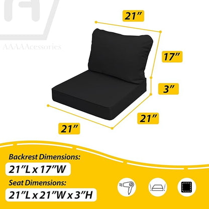 AAAAAcessories Outdoor Seat Cushions for Chairs, Fade-Resistant, Waterproof Patio Furniture Replacement Cushions, 21" x 21" x 3" + 21" x 17", Charcoal Black