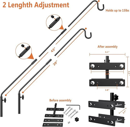 29-43 Inch Adjustable Deck Railing Hook – Heavy Duty Bird Feeder Hanger with Double Clamps, Rotating Shepherd Hook for Outdoor Plants, Lanterns & Wind Chimes