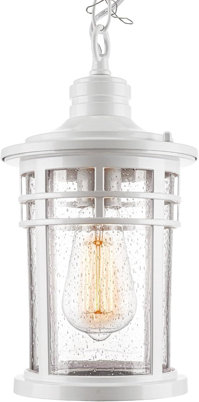 Darkaway Outdoor Pendant Lights for Porch, Outdoor Chandelier Hanging Porch Lights Ceiling Mount Aluminum with Seeded Glass for Front Porch Gazebo Patio (Medium, White)