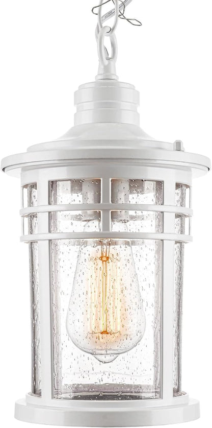 Darkaway Outdoor Pendant Lights for Porch, Outdoor Chandelier Hanging Porch Lights Ceiling Mount Aluminum with Seeded Glass for Front Porch Gazebo Patio (Medium, White)