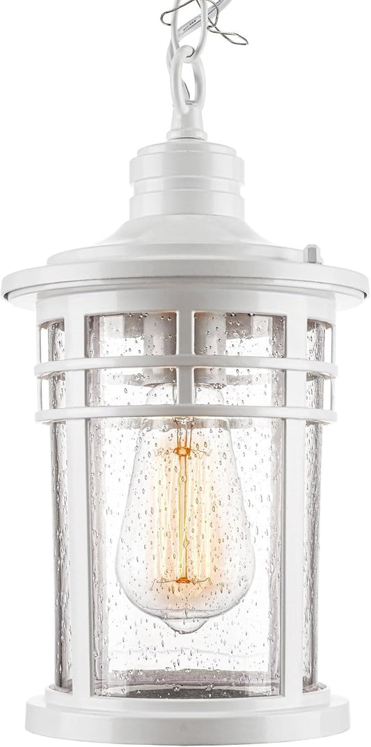 Darkaway Outdoor Pendant Lights for Porch, Outdoor Chandelier Hanging Porch Lights Ceiling Mount Aluminum with Seeded Glass for Front Porch Gazebo Patio (Medium, White)