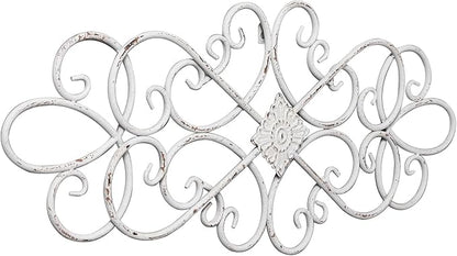 Sintosin White Flower Scroll Metal Wall Art Decor 32" x 13", Hanging Vintage Large Floral Wrought Iron Wall Decor, Farmhouse Wall Sculptures Decorations for Living Room Bedroom Indoor Outdoor