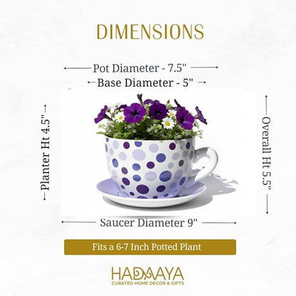 7.5” Round Ceramic Teacup Planter with Saucer – Purple Polka Dot Design Pot for Succulents, Orchid, Herbs & Indoor Houseplants/Flowers for Bithday & Home Decor & Any Other Occasion