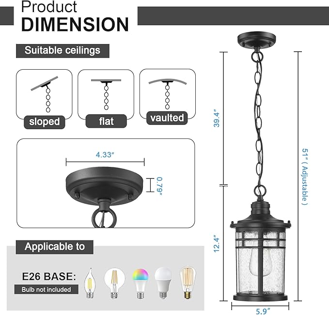 Darkaway Outdoor Pendant Lights for Porch, Outdoor Chandelier Hanging Porch Lights Ceiling Mount Aluminum with Seeded Glass for Front Porch Gazebo Patio (Medium, Black)