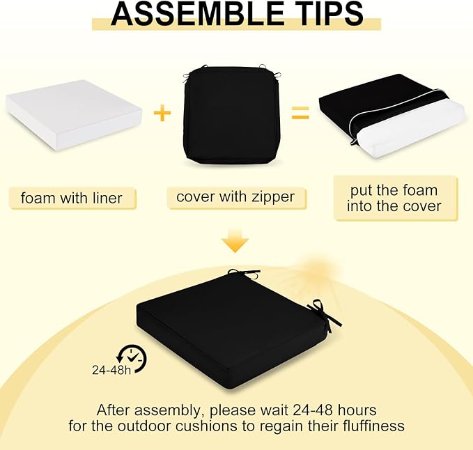 downluxe Waterproof Outdoor Chair Cushions for Patio Furniture, 19" x 19" x 2" Patio Chair Cushion with Adjustable Ties & Portable Handle, Square Outdoor Cushion with Removable Cover, Black, 2 Pack