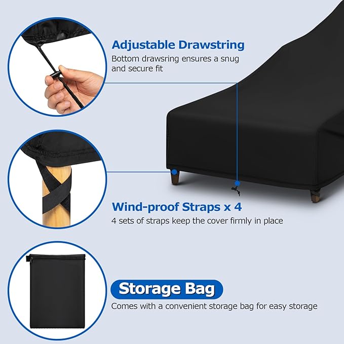 SunPatio Chaise Lounge Covers Outdoor Waterproof, 2 Pack Patio Lounge Chair Protector with Windproof Straps, Outdoor Furniture Covers All Weather Protection, 80" L x 30" W x 26" H, Black