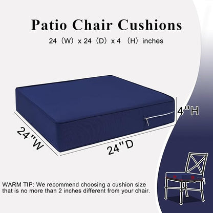 Outdoor Chair Cushions 24x24x4 Inch, Waterproof Blue Patio Furniture Cushions Set of 2 with Ties & Handle, 3 Year Color Fastness Square Replacement Seat Cushions for Sofa, Couch