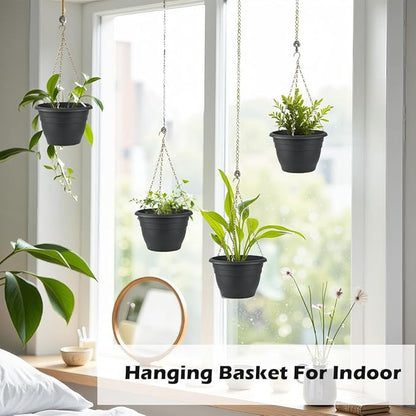 Hanging Planters 10 Inch, 4 Pcs Flower Pots with Drainage Hole, Self Watering Hanging Basket for Indoor Outdoor Plants, Decor, Gray