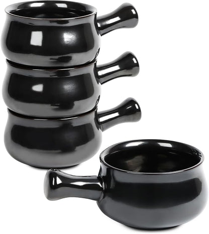 vicrays French Onion Soup Bowls With Handles, 26 Ounce for Soup, Chili, Beef Stew, Chip Resistant, Dishwasher Microwave Safe, Set of 4 (Black)