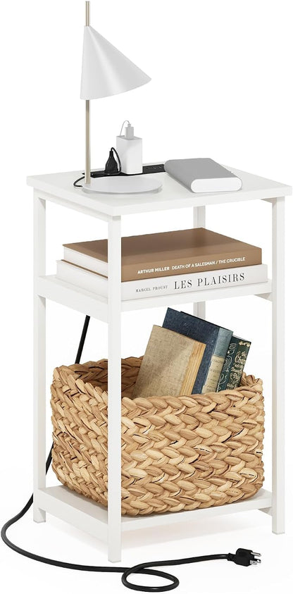 Furinno Moretti Side Table, 3-Tier Modern End Table with Charging Station, Metal Frame Night Stand, Bedside Table with USB and Type-C Port, for Living Room, Bedroom, White