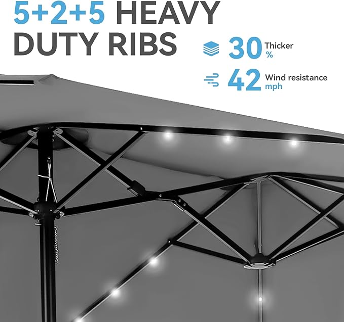 GREEN PARTY 15 ft Rectangle Patio Umbrella with Solar Lights and Base Included, Double-Sided Market Table Umbrella with Crank, Large Outdoor Umbrellas for Patio Poolside Garden Backyard, Smoky Gray