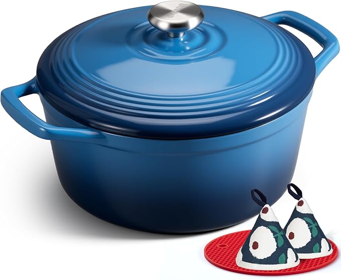 Overmont Enameled Cast Iron Dutch Oven - 5.5QT Pot with Wide Handles Lid Cookbook & Cotton Potholders - Heavy-Duty Pre-Seasoned Cookware Oven Safe to 500°F for Braising, Stews, Roasting, Sourdough Baking