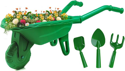 Duckura Kids Wheelbarrow Set - Gardening Tools for Kids with Shovel, Rake, Trowel, Outdoor Yard Lawn Digging Weed Toys, Easter Birthday Gifts for Boys Girls Age 2 3+Years Old(Green B)