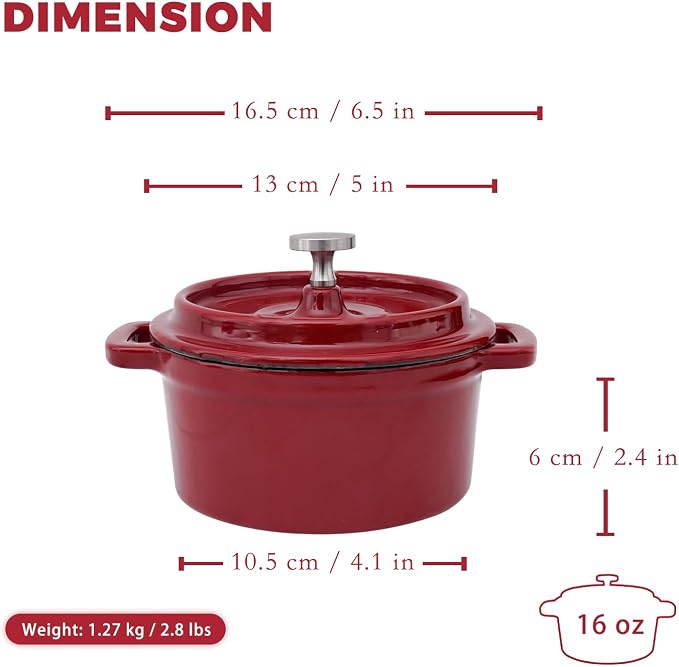 Flavehc Mini Cocotte 16 oz Mini Dutch Oven 0.5 qt. Cast Iron Garlic Roaster for Oven Garlic Confit Pot Ramekins with Lids Oven Safe Set of 2, Red