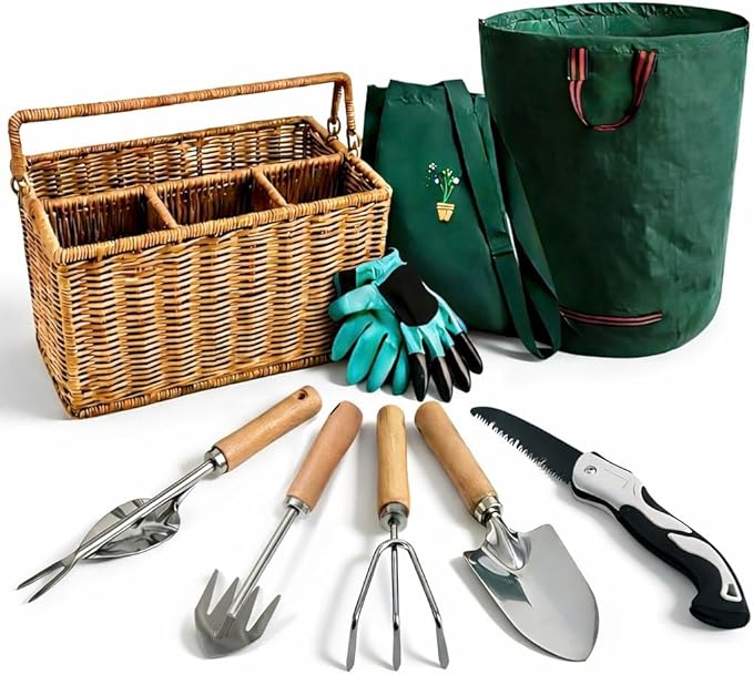 All-in-One Garden Tool Set with Basket, Stainless Steel Garden Tools with Wooden Handles, Garden Apron/Garden Waste Bags/Gardening Gloves Gardening Gift Set