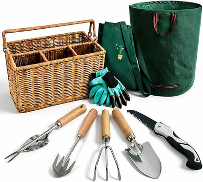 All-in-One Garden Tool Set with Basket, Stainless Steel Garden Tools with Wooden Handles, Garden Apron/Garden Waste Bags/Gardening Gloves Gardening Gift Set